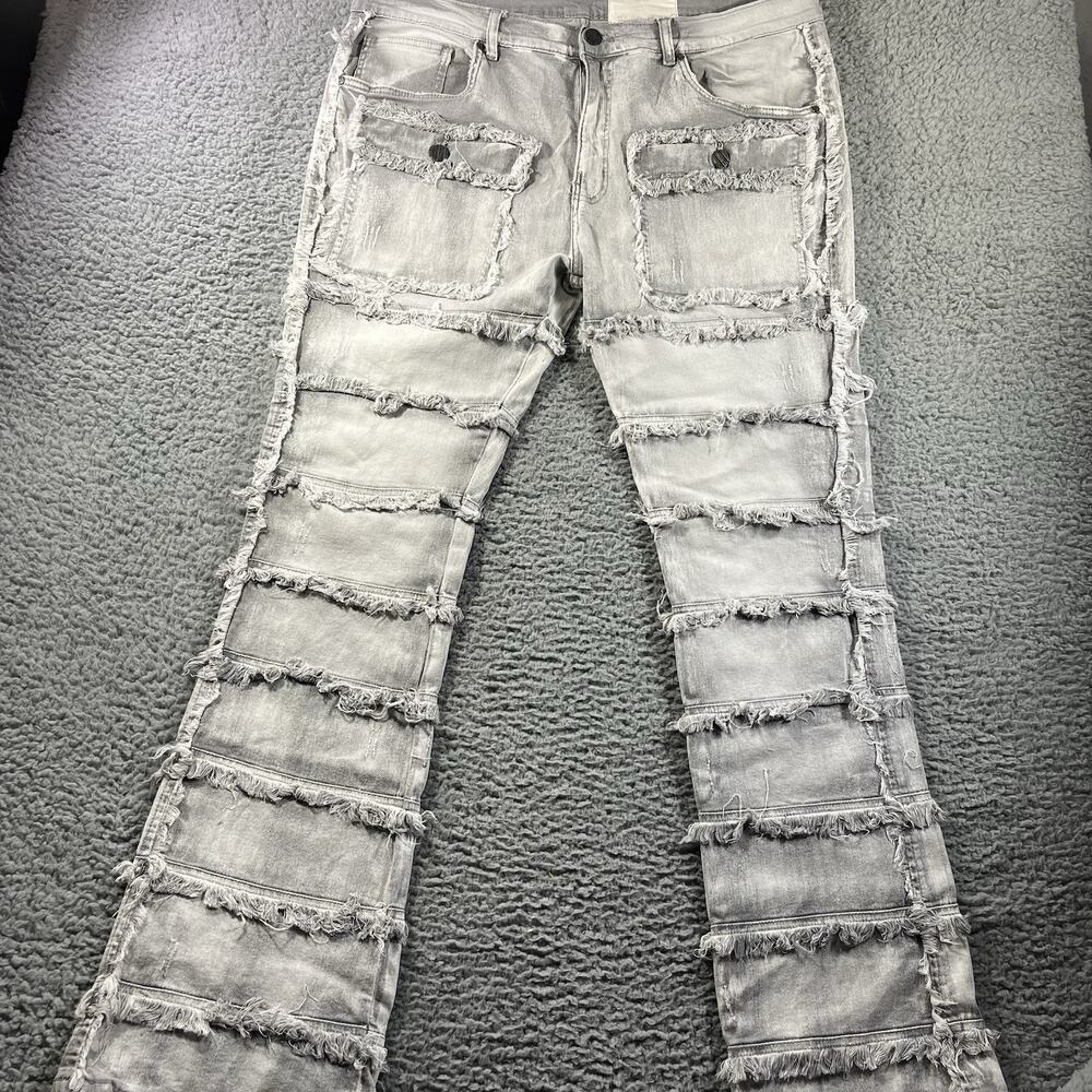 FWRD Denim New York Fit 2 Stacked Cargo Jeans Mens 40x36 Grey White Distressed